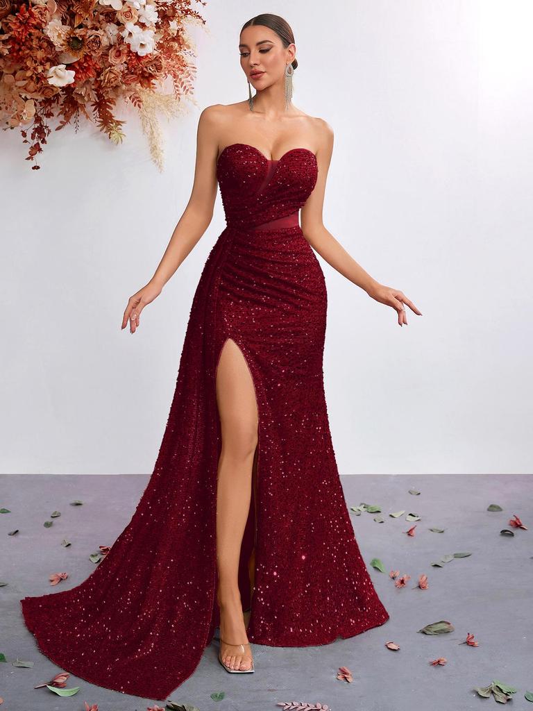 Sequined Strapless High-Waisted Mermaid Evening Gown