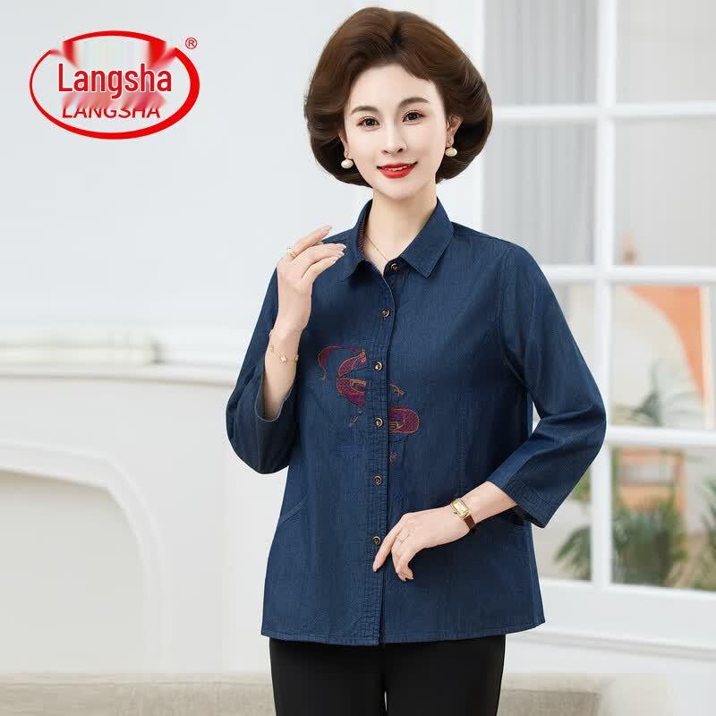 Langsha Women s Embroidered Floral 3/4 Sleeve Cotton Blouse 3XL
