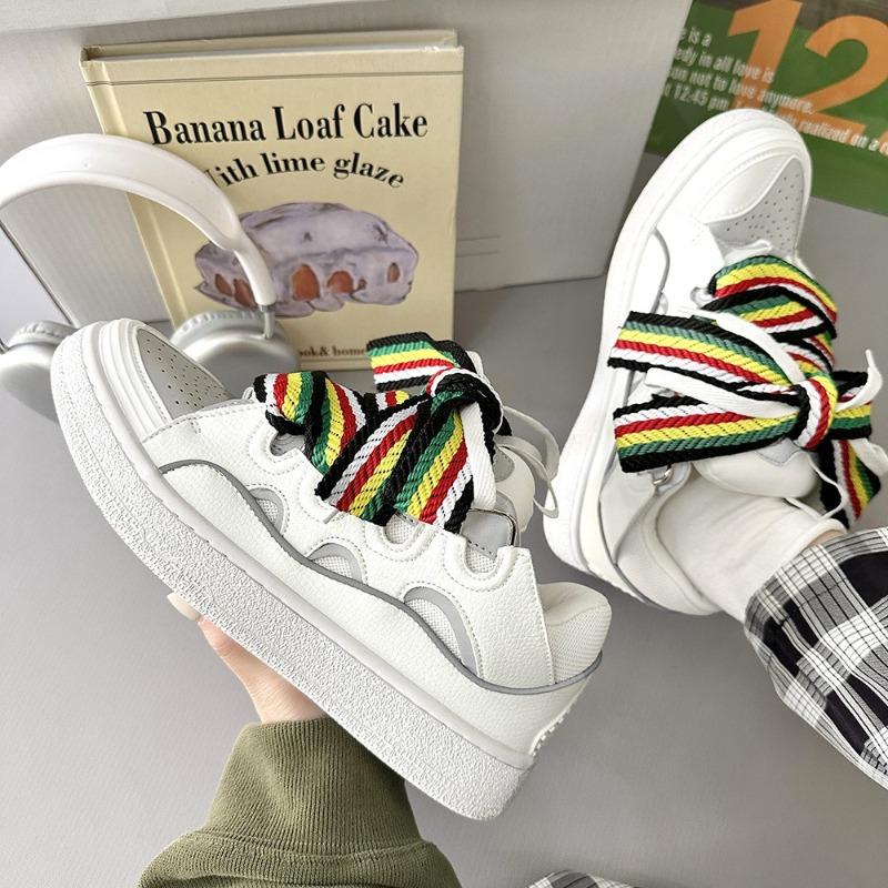 Culori Mixte Alb Negru Pantofi Sport Casual de Cuplu Reflectorizant Inovator Talpă Groasă cu Șireturi Pantofi de Mers Respirabili Femei Bărbați