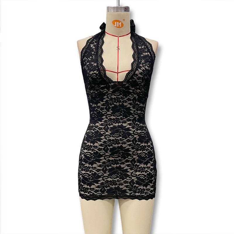 2026 Fashion V-neck Lace Summer Suspender Short Dress Bodycon Sleeveless Party Club Short Dress Halter Neck Women's Backless Sexy Slim Mesh Miniskirt