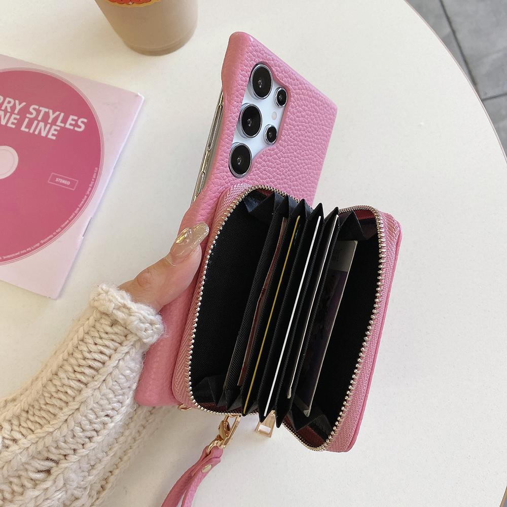 For Samsung Galaxy S25 Ultra Case Zipper Card Slots PU Leather Phone Back Cover with Wrist Strap