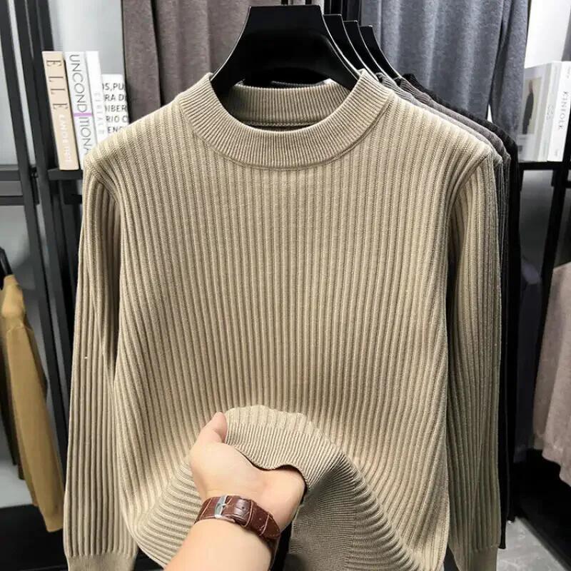 2025 Autumn Men Casual Bottoming Knit Tops Mens Solid Color Textured Long Sleeve Vintage Sweater Mens Fashion Pullover