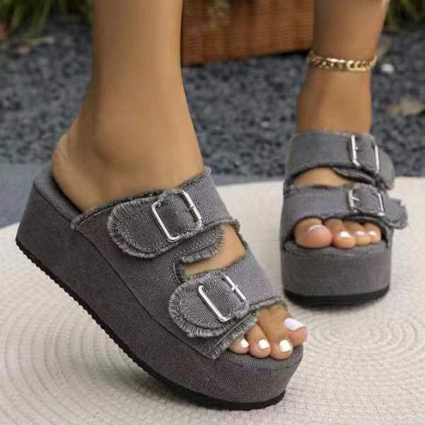 Women's Denim Camouflage Wedge Sandals, Buckle Design Open Toe Summer Shoes, Casual Outdoor Vacation Beach Slide Sandals