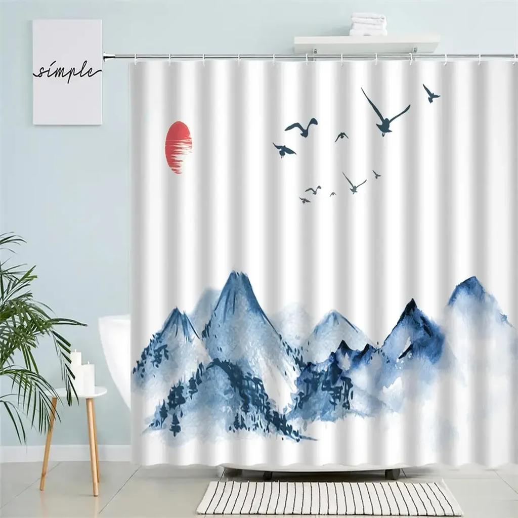 Chinese Ink Landscape Shower Curtain Japanese Cherry Blossom Watercolor Mountain Natural Scenery Waterproof Cloth Bathroom Decor