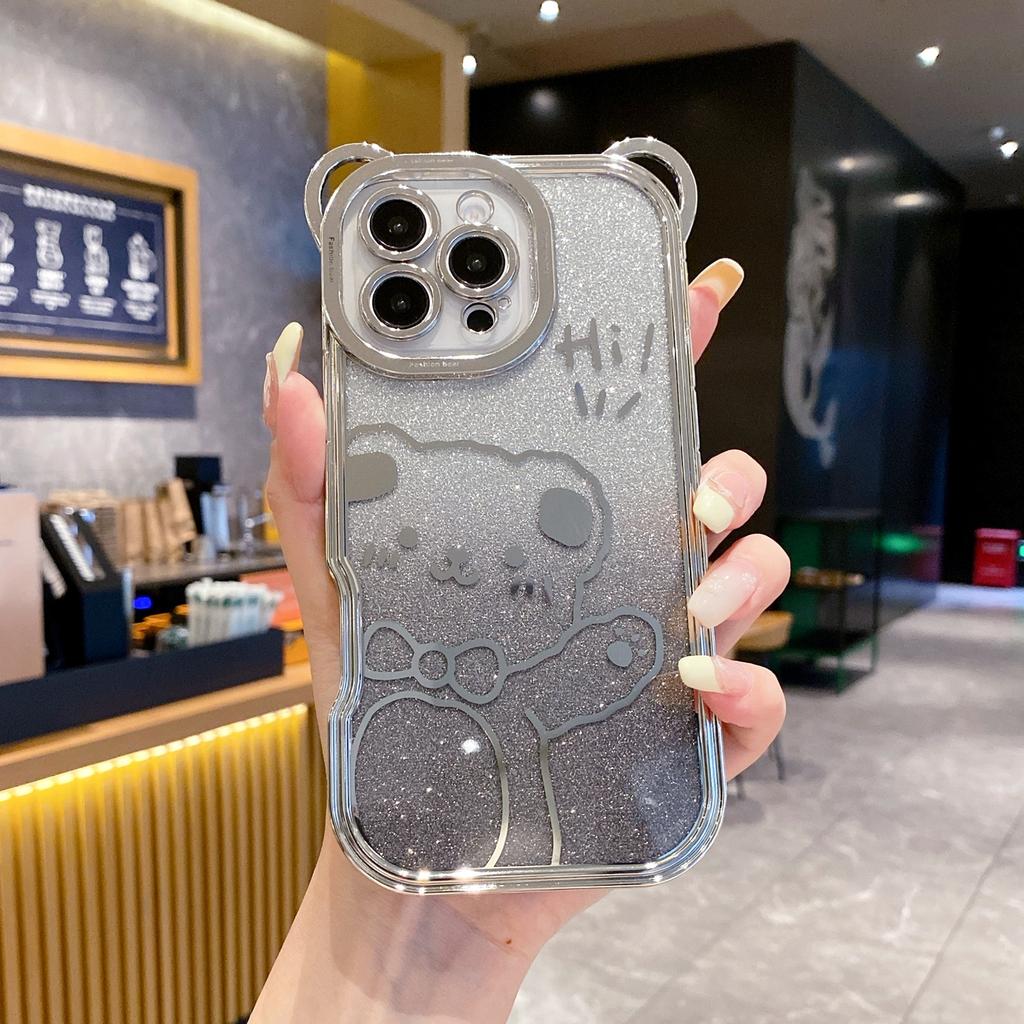 For iPhone 16 Pro Case Cute Bear Electroplating TPU Phone Cover with Gradient Glitter Paper