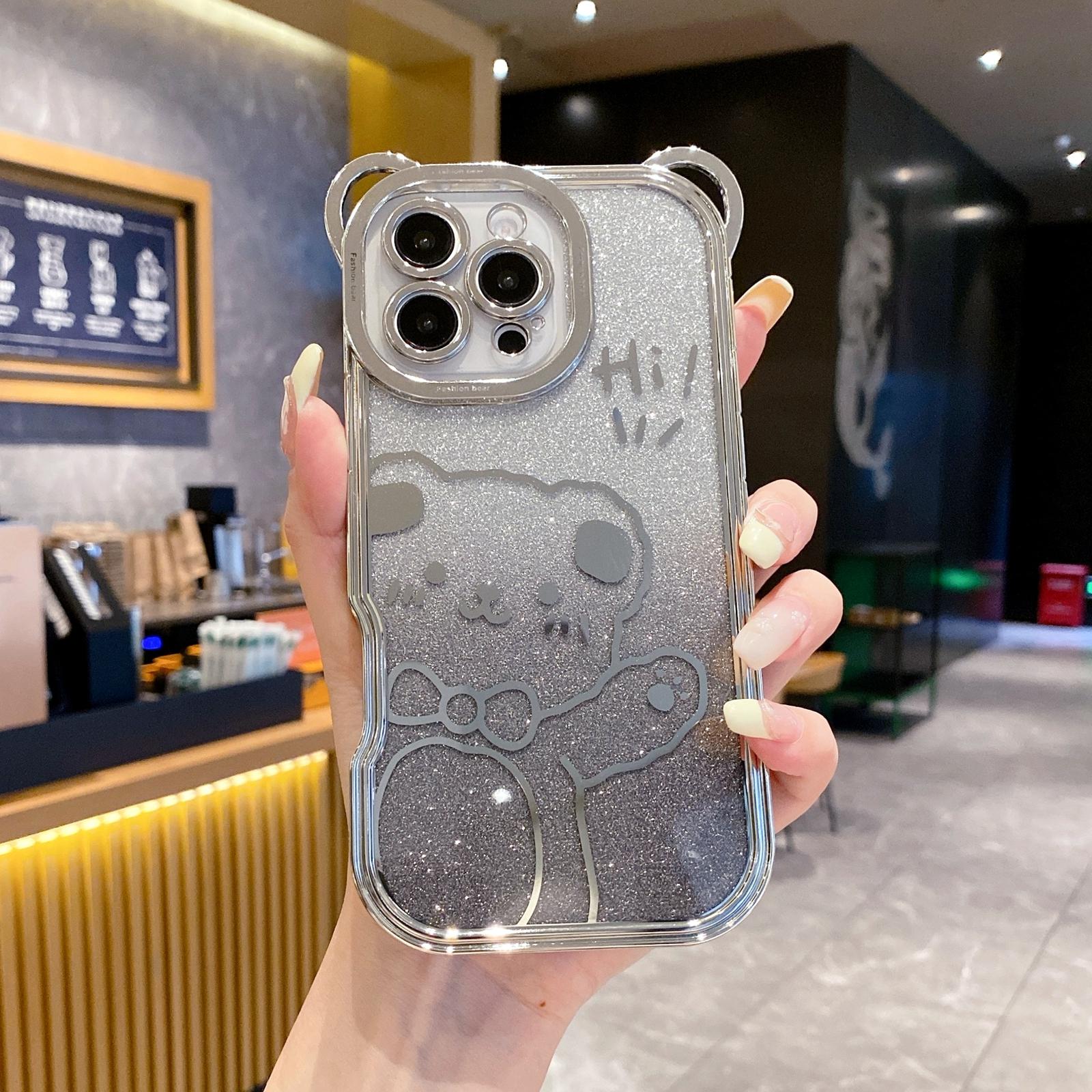 

For iPhone 16 Pro Case Cute Bear Electroplating TPU Phone Cover with Gradient Glitter Paper E
