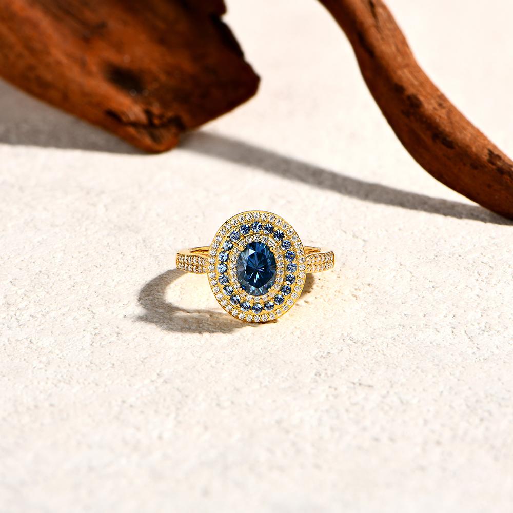ATTAGEMS Blaue Moissanit Damenringe Oval geschliffen 1,0 Karat Echtsilber S925 Schmuck für Hochzeit Verlobungsring Mit Zertifikat
