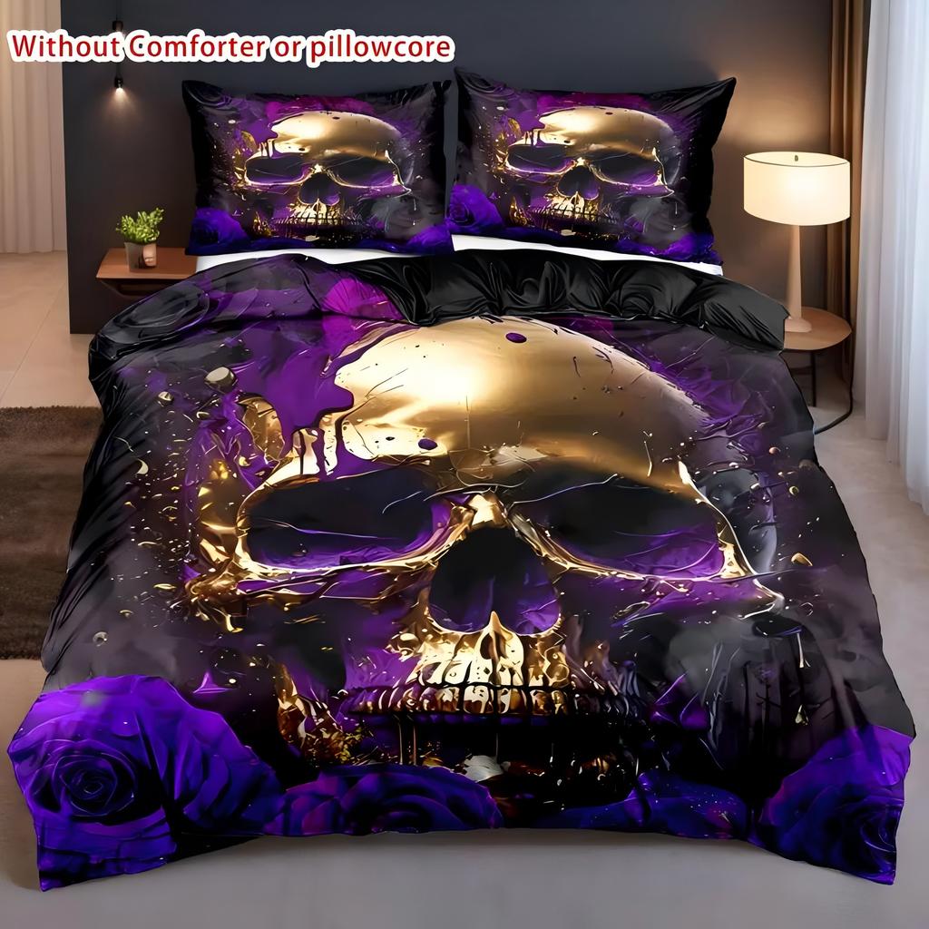 Violet Rose Golden Skull Pattern 3D Print Duvet Cover Halloween Gothic Style Bedding Set With Pillowcase Polyester Quilt Cover