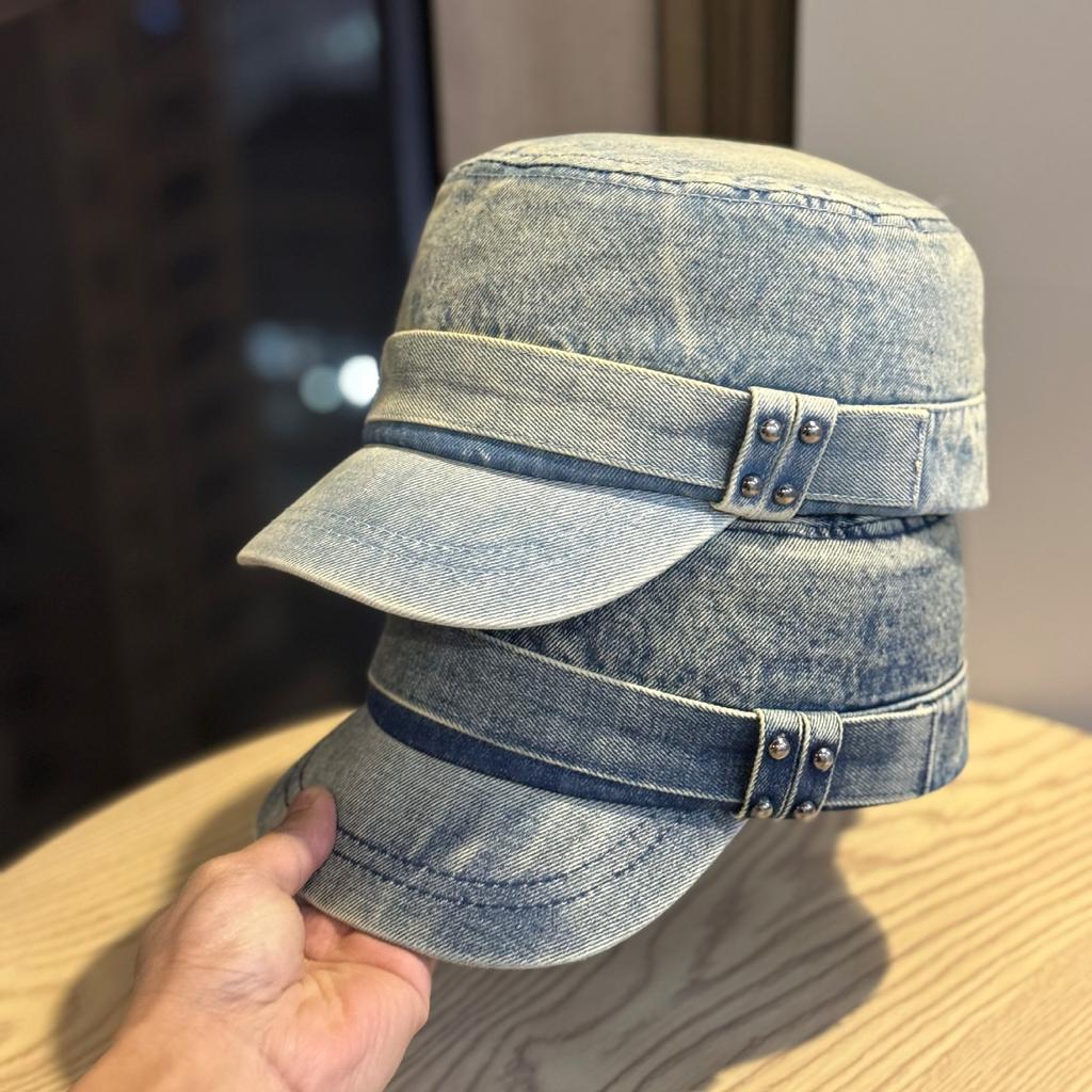 Old Retro Denim Flat Top Hat Women's Spring and Summer New Washed Face Small Peaked Hat Out of the Film Trendy Hat Men