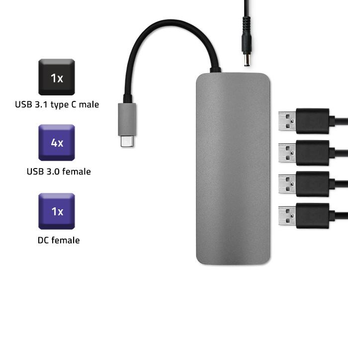 Adattatore Hub Qoltec USB-C 3.1 5 in 1 | 4x USB 3.0 | DC
