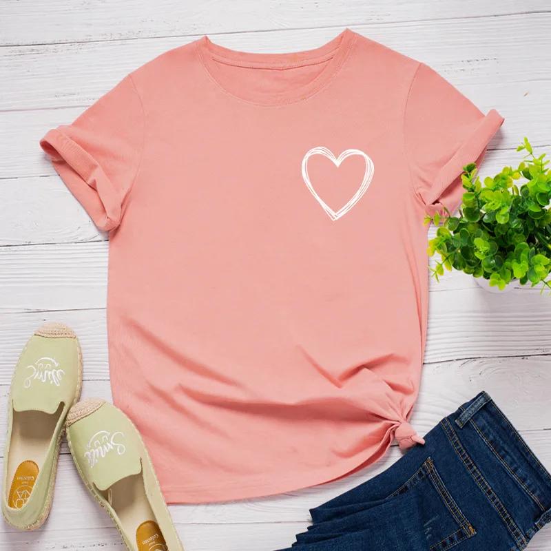 Pocket Heart Print Women T Shirt Short Sleeve O Neck Loose Women Tshirt Ladies Tee Shirt Tops Clothes Camisetas Mujer
