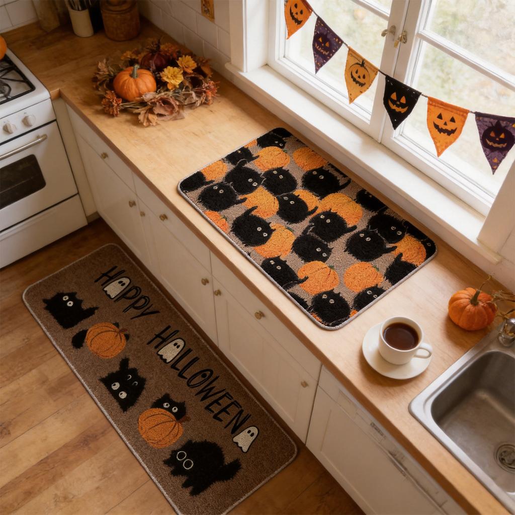 Halloween Kitchen Scary Pumpkin Design Stain Easy Clean Doormat for Holiday Decor