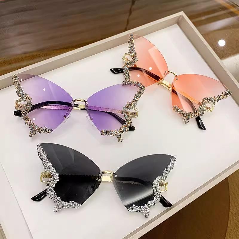 Large Frame Diamond-Encrusted Butterfly Sunglasses Photo Performance Props Glasses Women'S Sunglasses Uv Protection