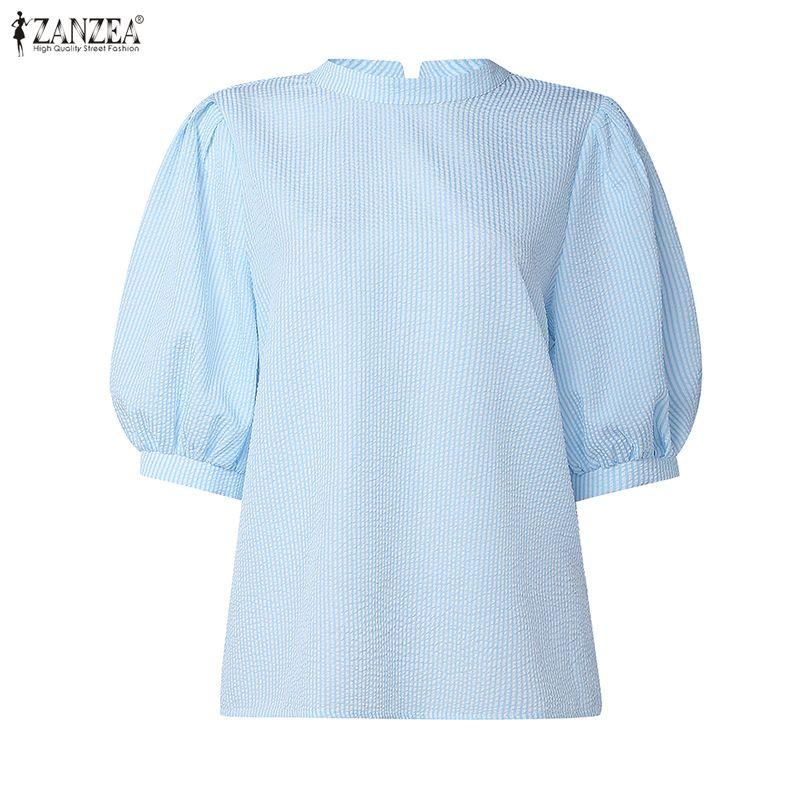 ZANZEA Women Casual Stand Collar Loose Half Sleeve Stripe Blouse