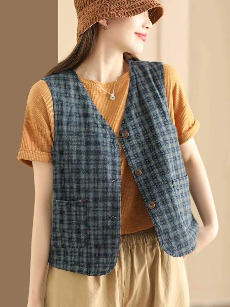 

Johnature Женские винтажные клетчатые жилеты с V-образным вырезом и карманами в стиле пэчворк Осенние жилеты из хлопка и льна в китайском стиле One Size