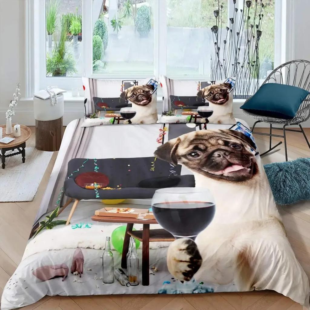 Dog Side My Side Kawaii Puppy Animal Pug Dog Comfortable Duvet Quilt Cover Pillowcase Bedding Set Children Bedroom Home Textile