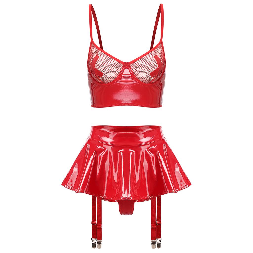 Womens Two Piece Patent Leather Lingerie Set Mesh Underwire Bra Ruffle Miniskirt Garter Belt Clubwear