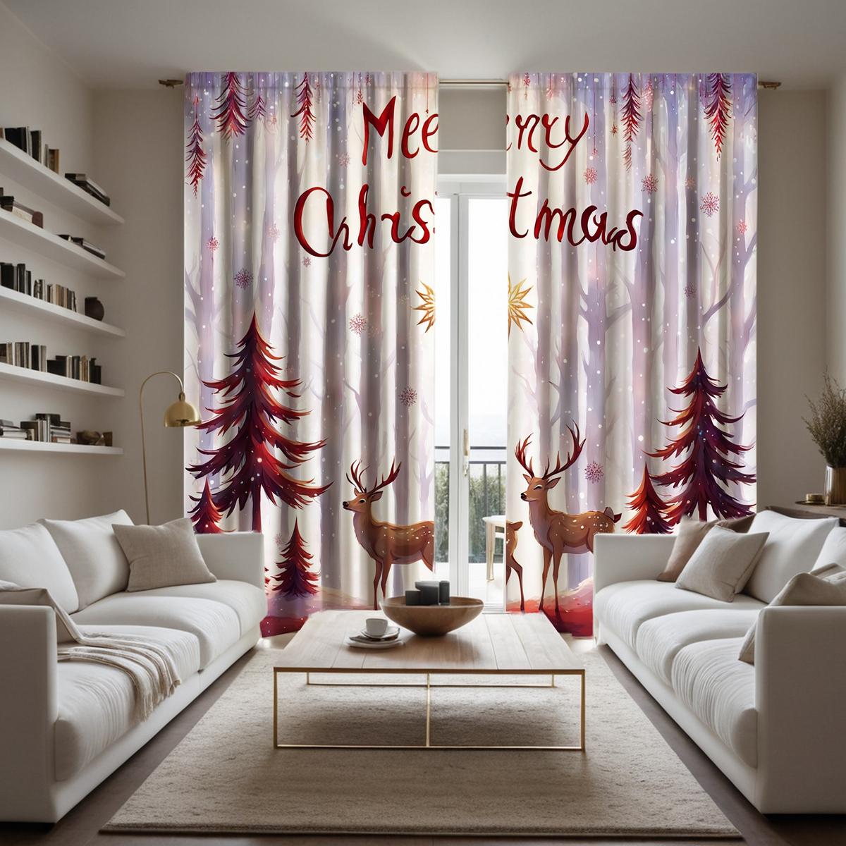 

2-компонентная HD цифровая коричневая занавеска с рождественским рисунком в виде снежного лося. Стиль украшения дома. Украсьте гостиную, спальню с помощью карниза. W52H63inchW132H160cm