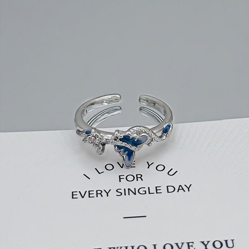 White Delicate Smudging Gray-Green Retro Enamel Butterfly Personalized Opening Ring Female Flower Advanced Sense Super Fairy Ring