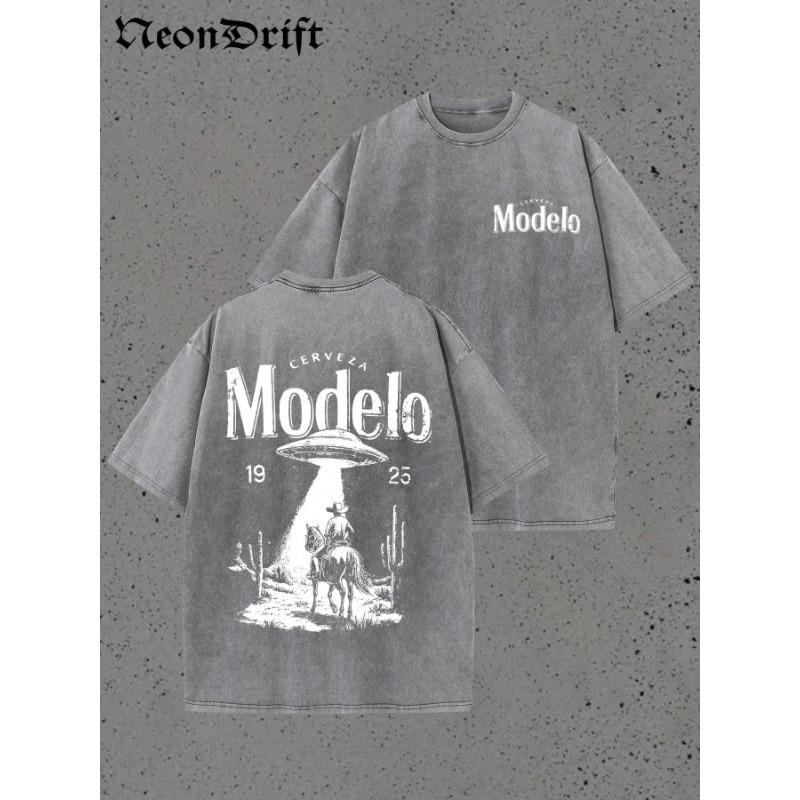 Retro Modelo 1925 Cerveza T Shirt women Washed Cotton Oversized UFO Cowboy Graphic Tee Casual Streetwear Summer Short Sleeve S