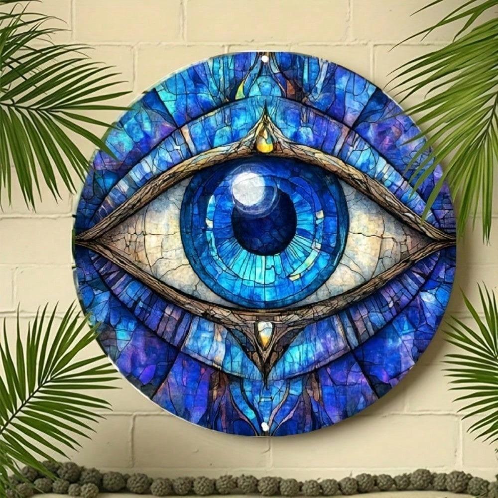 Glam Style Evil Eye Wall Decor 8x8 Inch Blue Gold Mosaic Aluminum Plaque Rustproof Metal Outdoor Home Gift