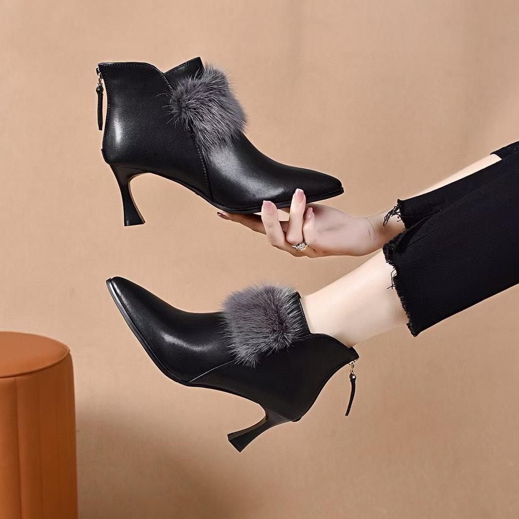 Pointed Stiletto Short Boots Women's Autumn and Winter Personality Mink Hair Fashion Boots Rear Zipper Leather Boots Women's Ankle Boots