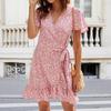 Summer Boho Floral Wrap Dress V Neck Short Sleeve Ruffled Hem Swing Sundress for Women Beach