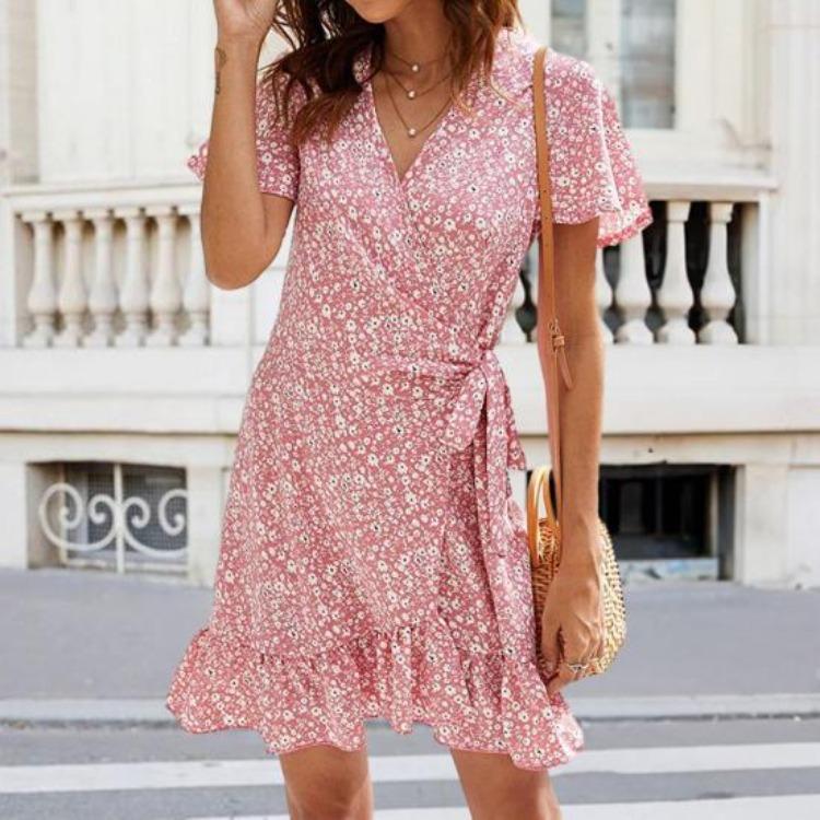 Summer Boho Floral Wrap Dress V Neck Short Sleeve Ruffled Hem Swing Sundress for Women Beach