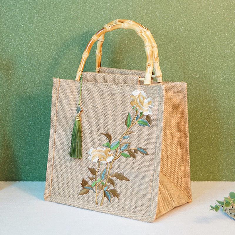 Bamboo Handle Jute Tote Bag - Retro Burlap Shopping & Gift Bag for Tea Storage