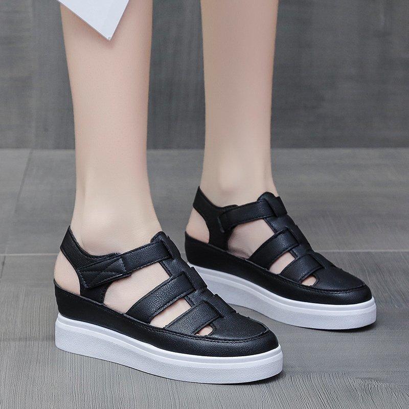 Fashion 2025 New Fashion Baotou Hollow Thick-soled Women's Shoes Summer Solid Color Simple Increased Roman Sandals for Women