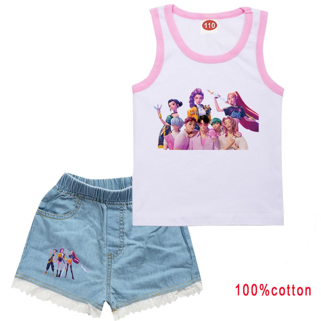 Kids Girls Anime Cartoon K-Pop Printed Cotton Sleeveless Tank Top Jeans Shorts Clothes Set