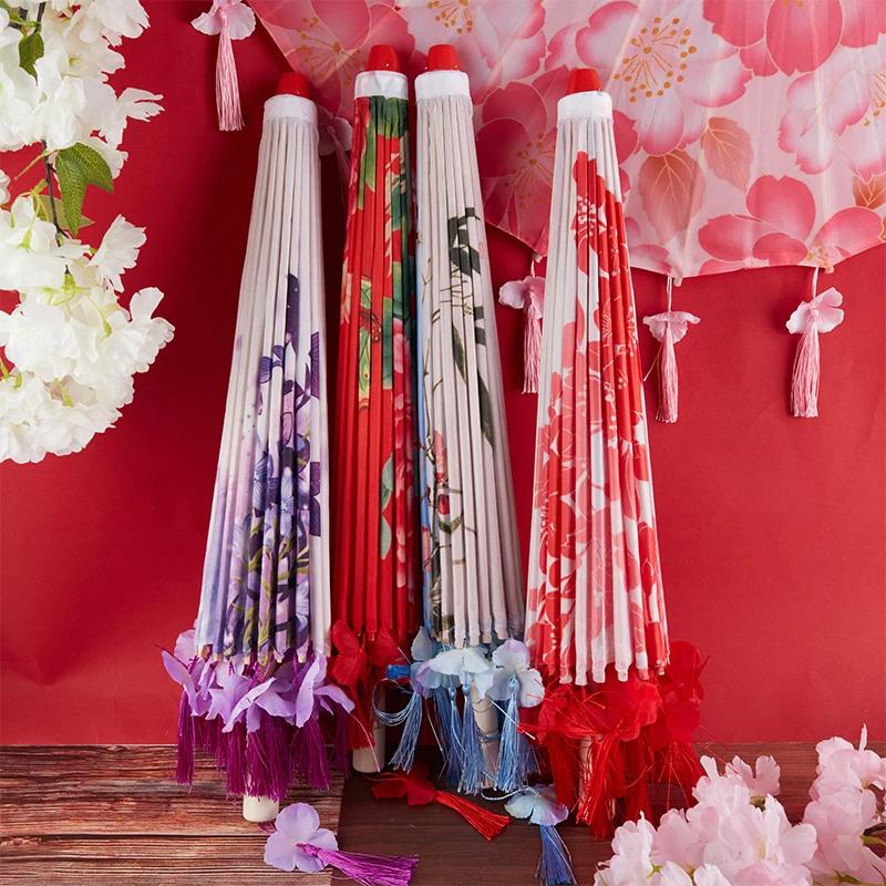 1PC Umbrella 70/82CM Oil Paper for Women Girl Performance Photo Props Antique Umbrella Parasol Satin Cloth Tassel
