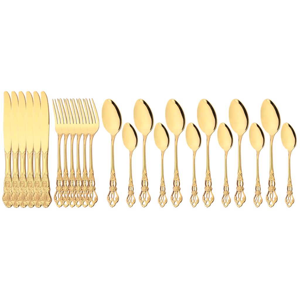 24Pcs Royal Gold Cutlery Set Knife Dessert Fork Coffee Spoon Dinnerware Flatware Stainless Steel Silverware Home Kitchen Tableware Set