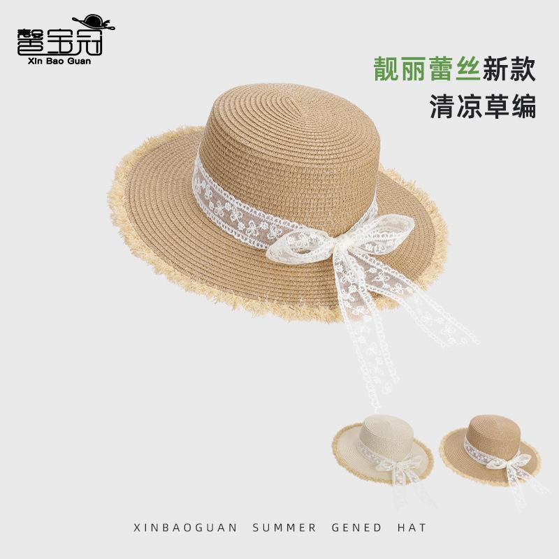Sweet bow straw hat summer seaside vacation sun hat big brim straw visor children