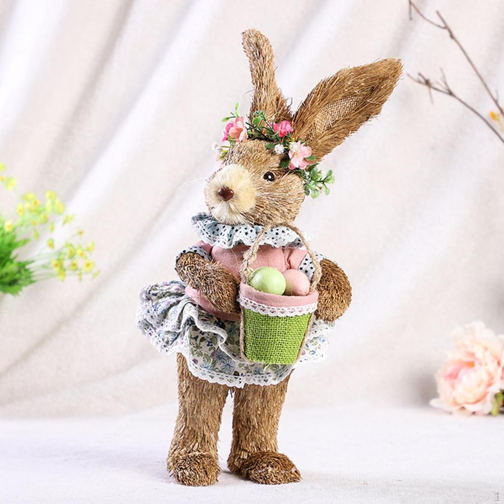 Bunny Figurine Straw Easter Desktop Animal Sculpture Statue for Garden Decor Photo
