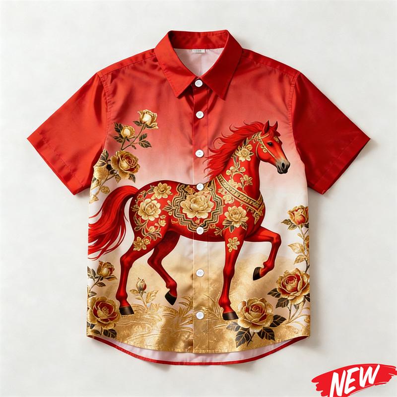 

Design 2026 Horse Year Hawaiian Shirt For Men Women Chinese New Year Party Short Sleeve Shirts Festive Loose Lapel Shirt 2XL