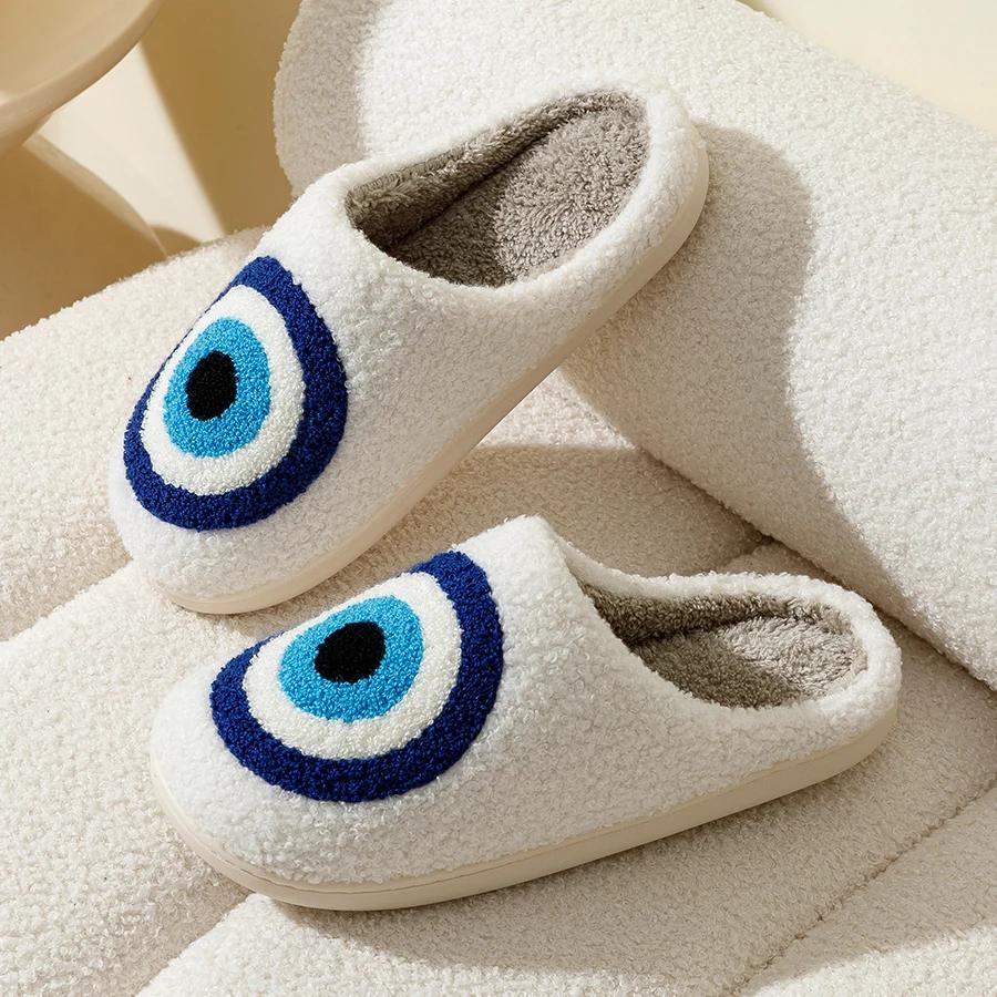 Fashion Evil Eyes Blue Embroidery Slippers High Quality Women Men Slippers Fashion Pattern Shoes Warm Home Devil's Eyes Houseshoes