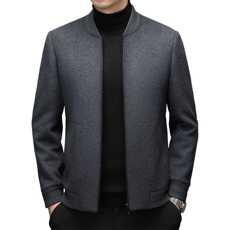 Men's Winter Wool Blend Stand Collar Short Jacket, Middle-Aged Casual Warm Thick Coat