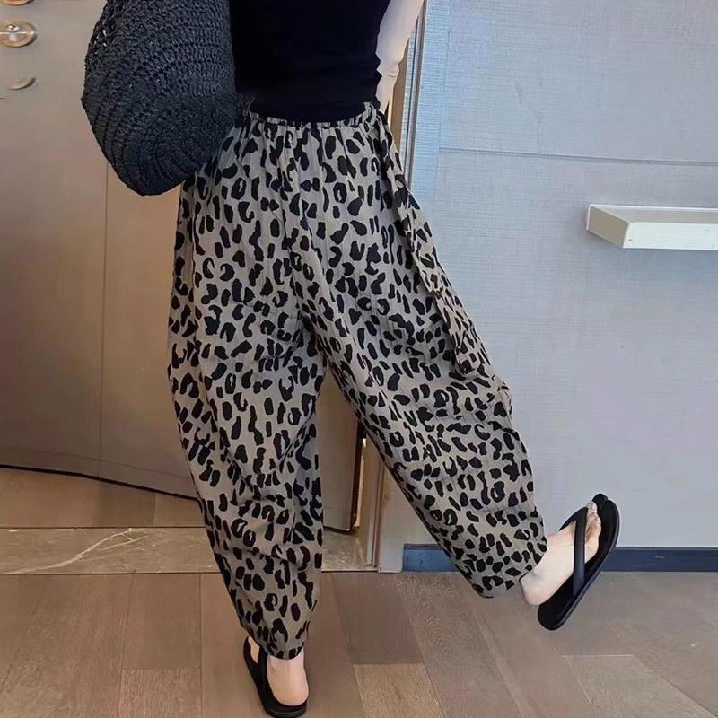 Pantaloni de vară pentru femei, mărime plus, pantaloni de pijama largi, leopard, versatili, casual, cu talie înaltă