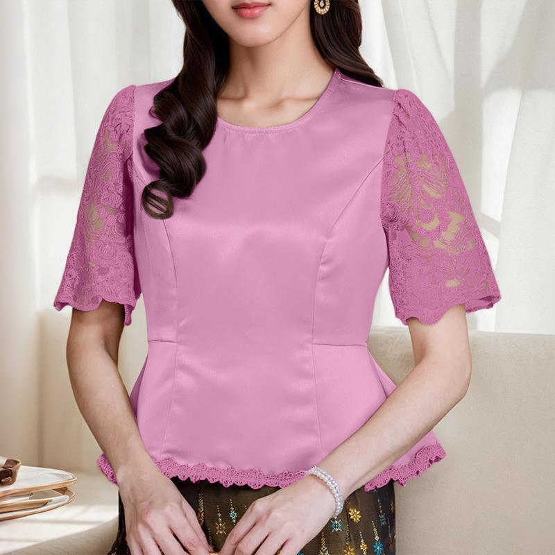 

ZANZEA Women Casual O-neck Lace Splice Short Sleeve Blouse S розовый