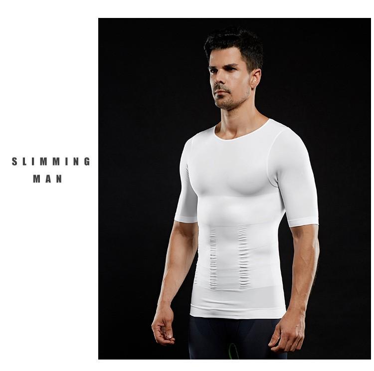 Men's Seamless Sculpting Chest Binder & Waist Trainer with Back Support, Short Sleeve, No-Trace Design in Black or White.