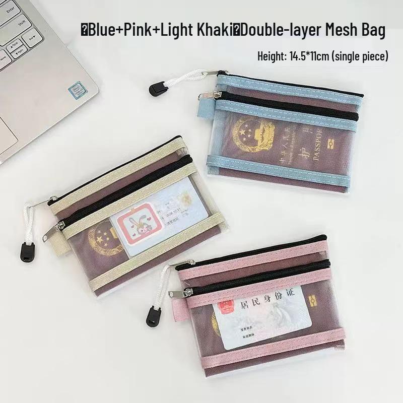 Double-Layer Card Holder & Document Storage Bag: Portable License Pouch with Zipper and Mesh for Passport & Household Registration Book