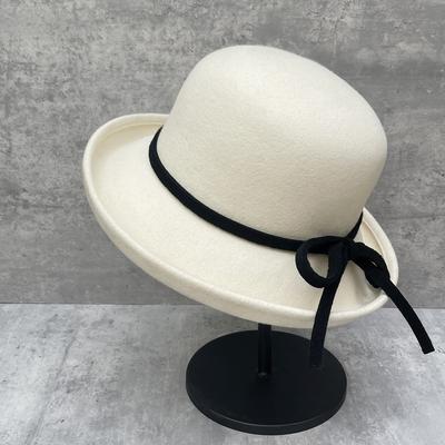 Hepburn Style Elegant Bow Wool Top Hat Women'S Autumn And Winter Retro Dome Roll Along Basin Hat French Socialite Bucket Hat