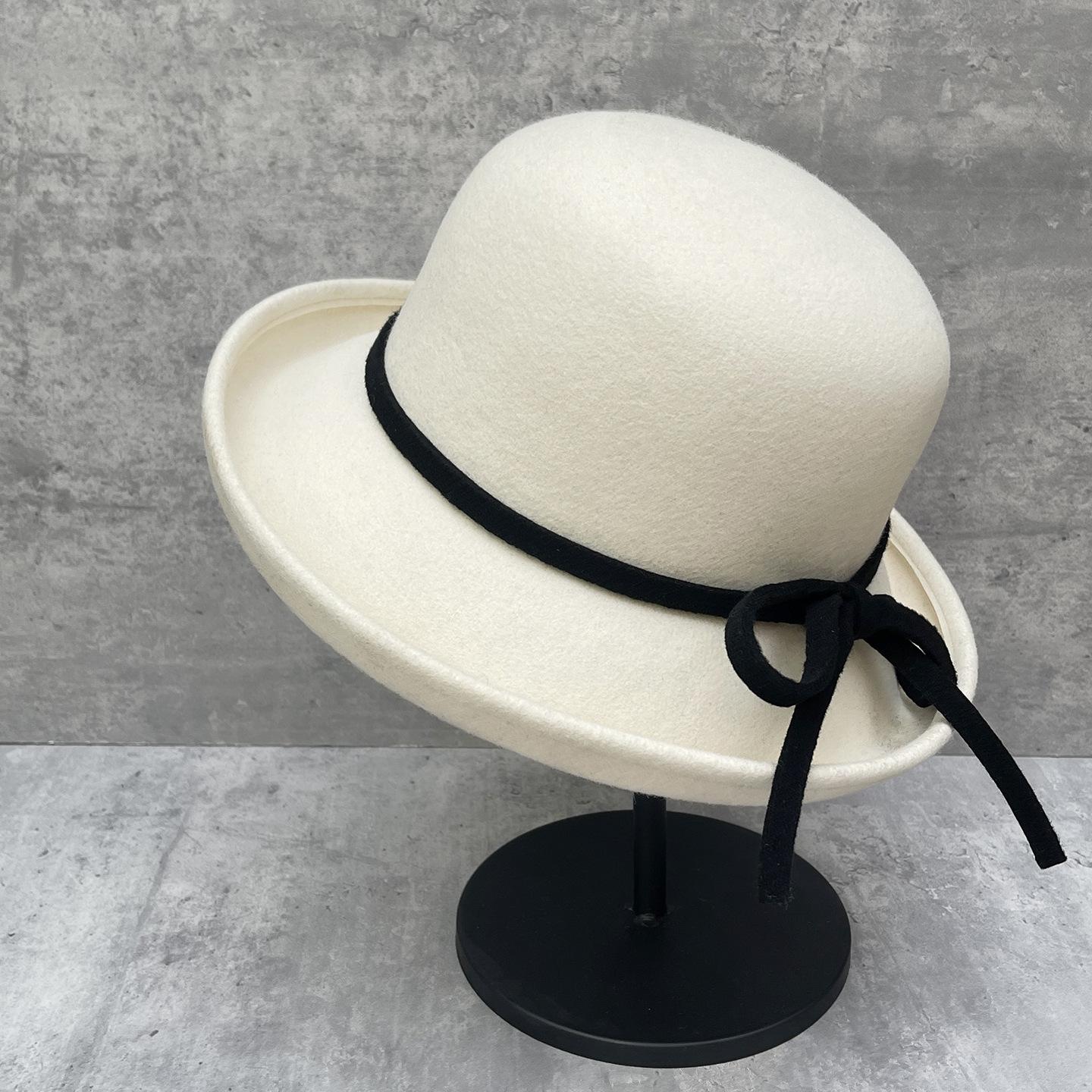 Charm Clothings Women's White/Black Hepburn Elegant Bow Wool Top Hat Retro Dome Roll Along Basin Hat French Socialite Bucket Hat 56-58Cm