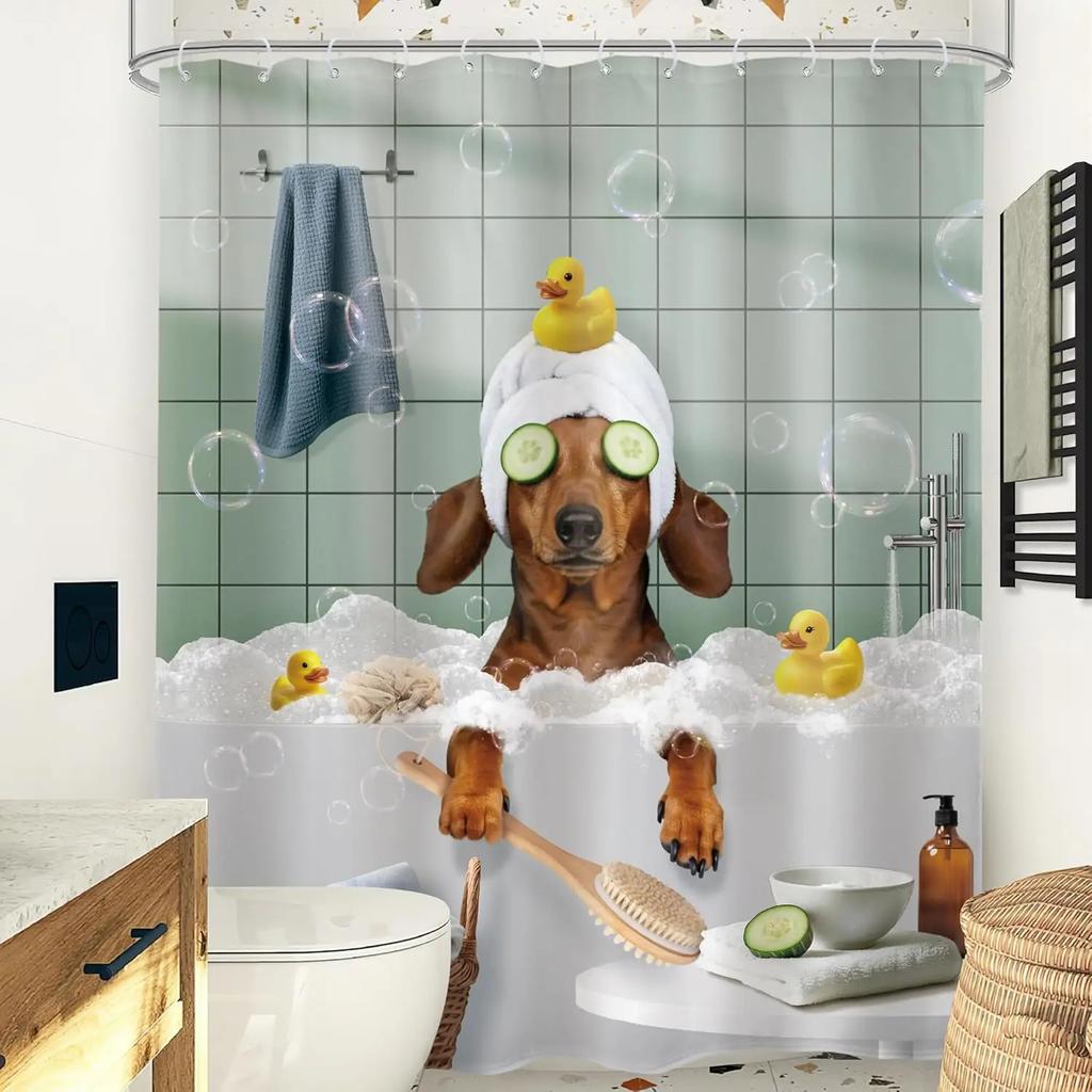 Funny Dog Shower Curtain Vintage Hilarious Dachshund Bath Soap Cute Animal Puppy Pets Bubbles Duck with Hooks Fabric Waterproo