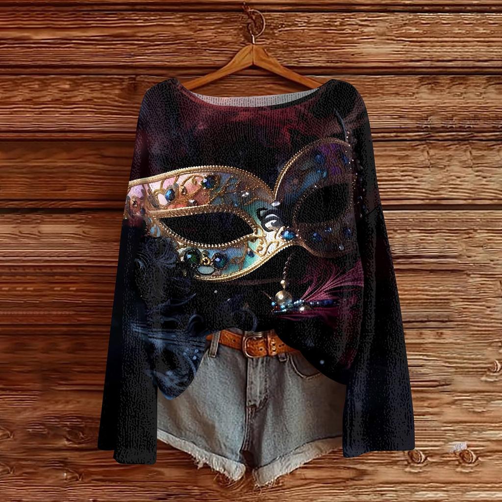 Women's Fashion Round Neck Long Sleeve Print Casual Pullover Sweater Top