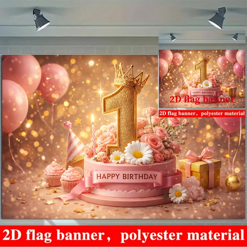 1st Birthday Banner Backdrop Gold Number 1 Crown Pink Balloons Roses Cake