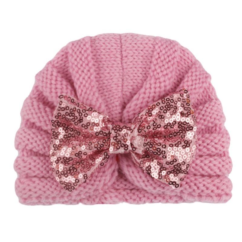 New baby sequined knotted thermal hat in autumn and winter, cute baby bow knitted hat, children's hat