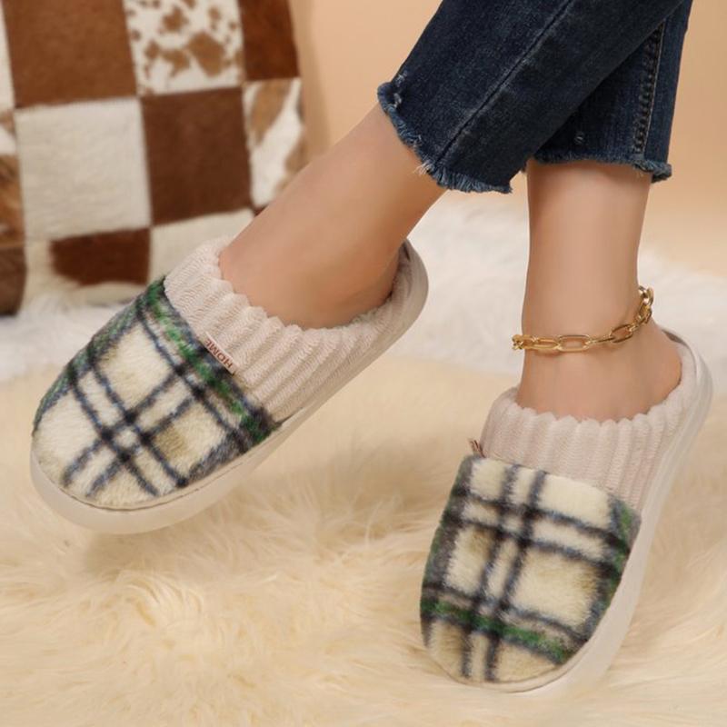 Fashion Fashion Plaid Cotton Slippers for Women Flat Heel Non Slip Cotton Slides Woman Indoor Purple Green Warm Plush Slippers Female
