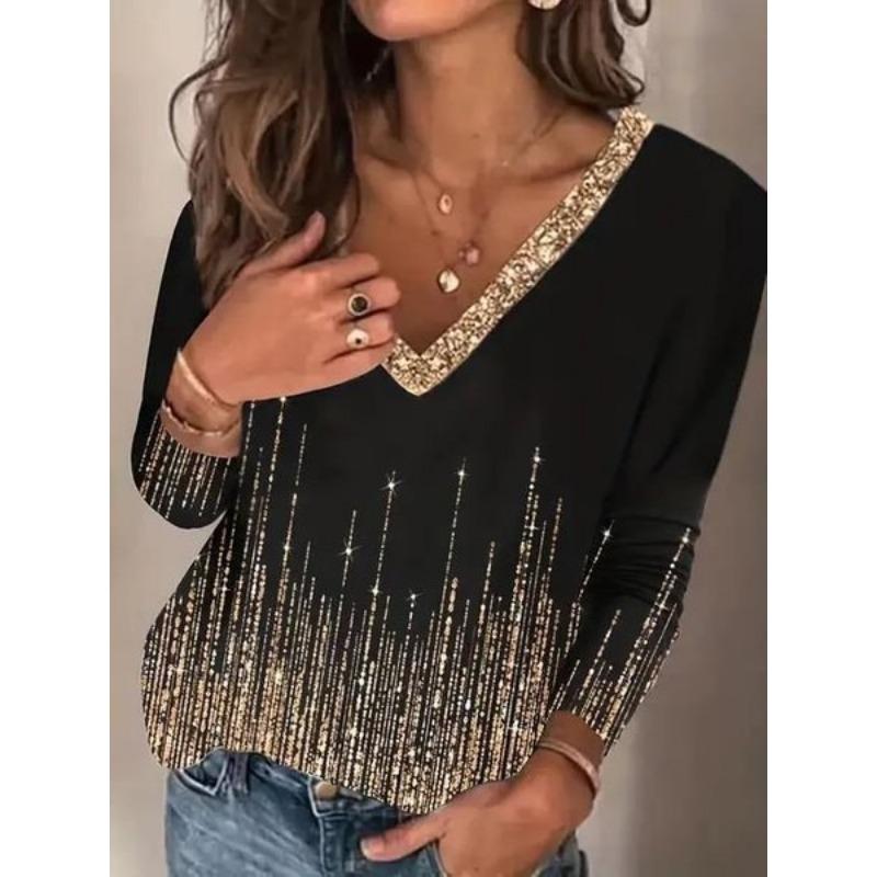 

V-образный вырез 3D принтованный топ ретро модные повседневные длинные рукава женские футболки 5XL